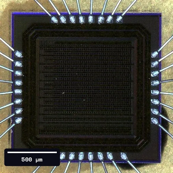Photomicrograph of the QRNG die with a 500 µm scale bar