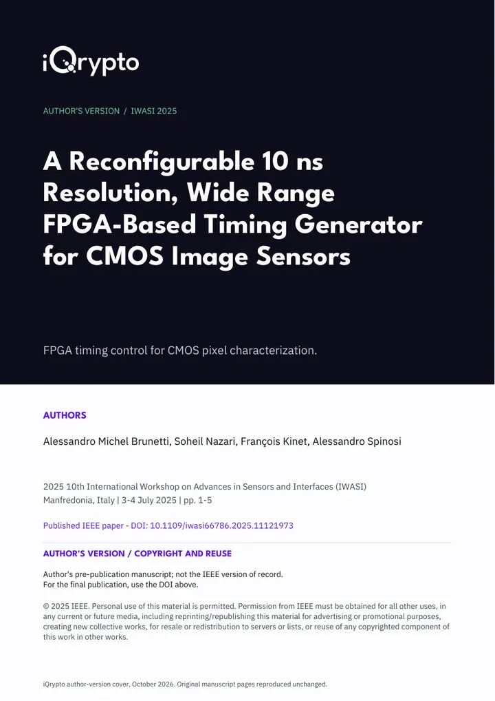 iQrypto author-version cover for the IWASI 2025 paper on an FPGA-based timing generator for CMOS image sensors