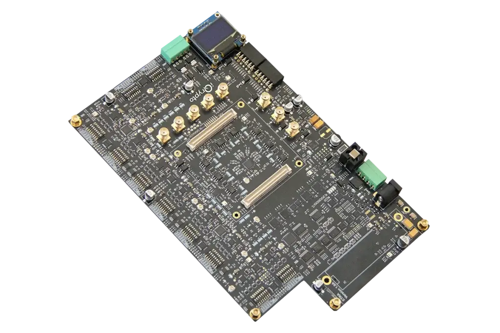 High-performance ETRA DAQ board by iQrypto featuring data acquisition components and modular connectors