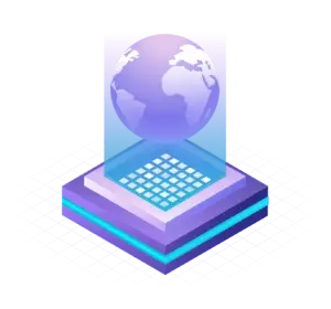Futuristic holographic platform projecting a 3D globe, symbolizing global digital connectivity